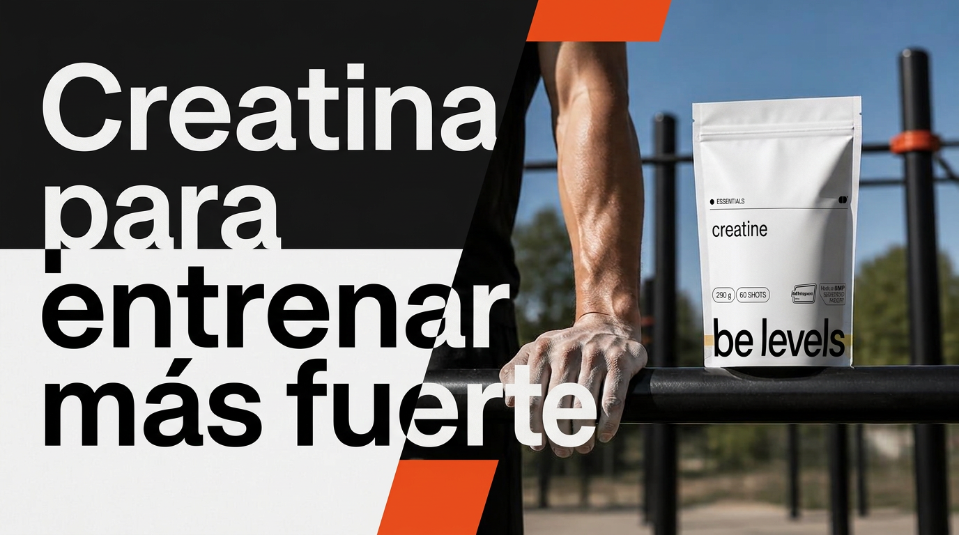 Creatine Essentials de Be Levels junto a una barra de calistenia