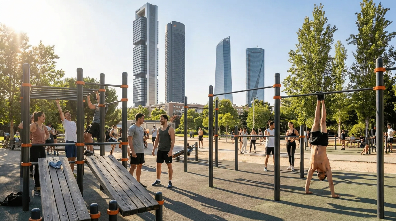 Atleta entrenando calistenia en un parque al aire libre